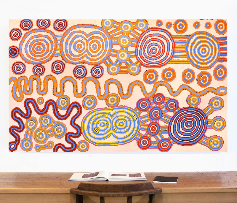 Aboriginal Artwork by Roschelle Nampijinpa Major, Warna Jukurrpa (Snake Dreaming), 152x91