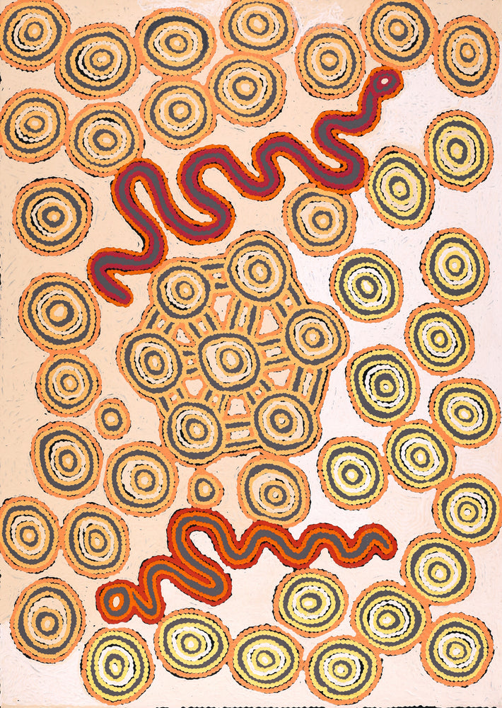 Aboriginal Artwork by Roschelle Nampijinpa Major, Warna Jukurrpa (Snake Dreaming), 107x76cm
