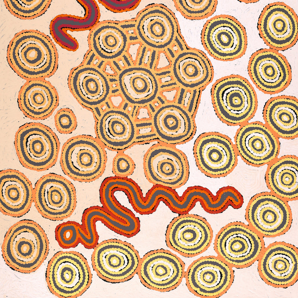 Aboriginal Artwork by Roschelle Nampijinpa Major, Warna Jukurrpa (Snake Dreaming), 107x76cm