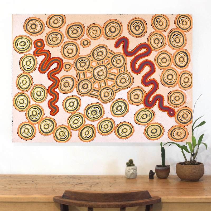 Aboriginal Artwork by Roschelle Nampijinpa Major, Warna Jukurrpa (Snake Dreaming), 107x76cm