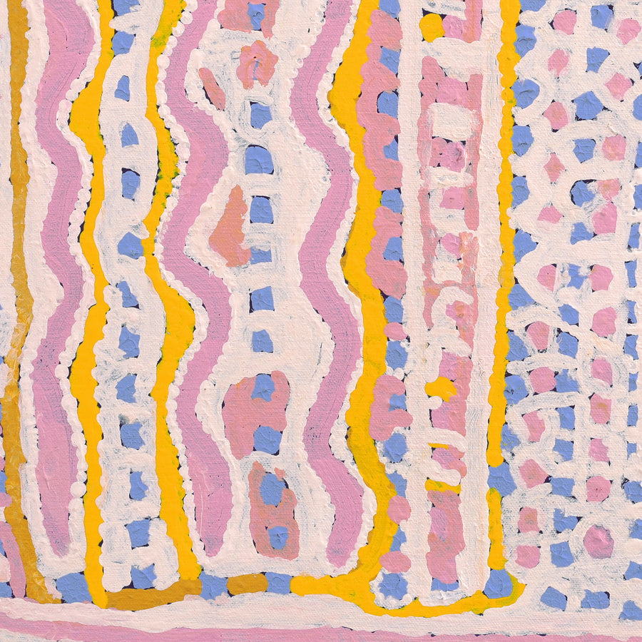 Aboriginal Artwork by Rosie Nangala Flemming, Ngapa Jukurrpa (water Dreaming) - Mikanji, 46x46cm