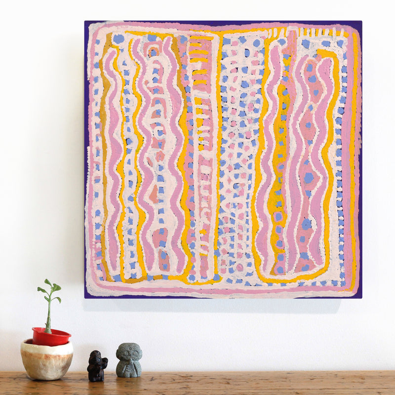 Aboriginal Artwork by Rosie Nangala Flemming, Ngapa Jukurrpa (water Dreaming) - Mikanji, 46x46cm