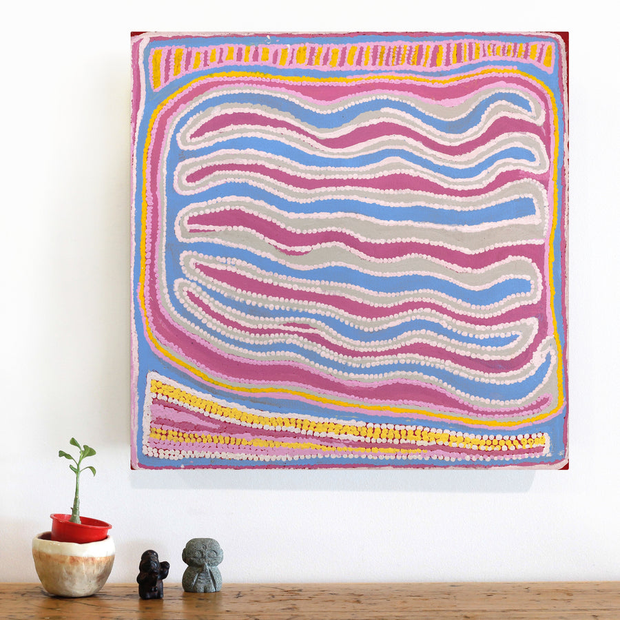 Aboriginal Artwork by Rosie Nangala Flemming, Ngapa Jukurrpa (water Dreaming) - Mikanji, 46x46cm