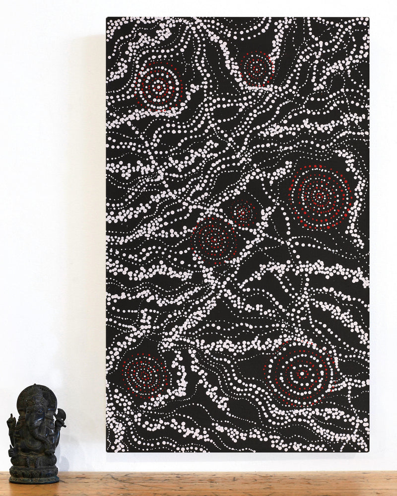 Aboriginal Artwork by Sabrina Napangardi Granites, Napaljarri-warnu Jukurrpa (Seven Sisters Dreaming), 76x46cm