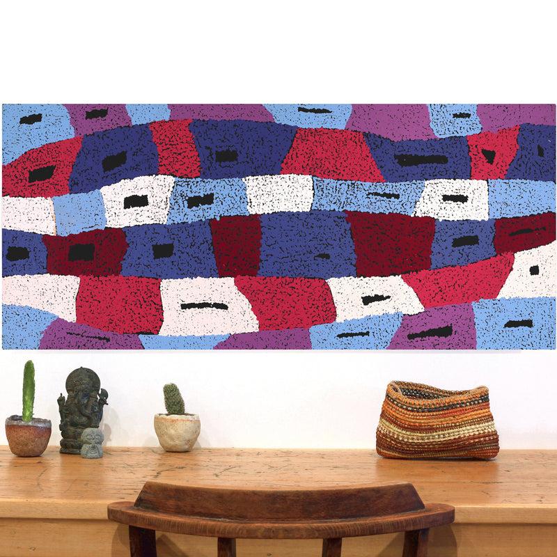 Aboriginal Artwork by Sadie Nakamarra Padoon, Nguru Nyirrpi-wana (Country around Nyirrpi), 107x46cm