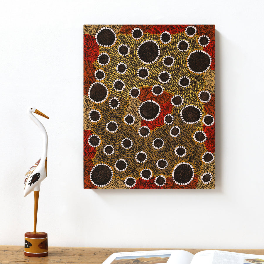 Aboriginal Artwork by Samantha Napurrurla Wilson, Wanakiji Jukurrpa (Bush Tomato Dreaming), 50x40cm