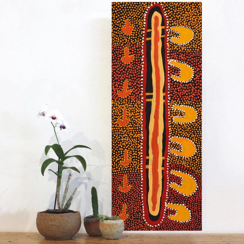 Aboriginal Artwork by Samuel Jampijinpa Collins, Yankirri Jukurrpa (Emu Dreaming), 76x30cm