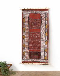Aboriginal Artwork by Sandra Richards, Kunkale Wobe (Fishtrap Fence), 90x43cm Bark