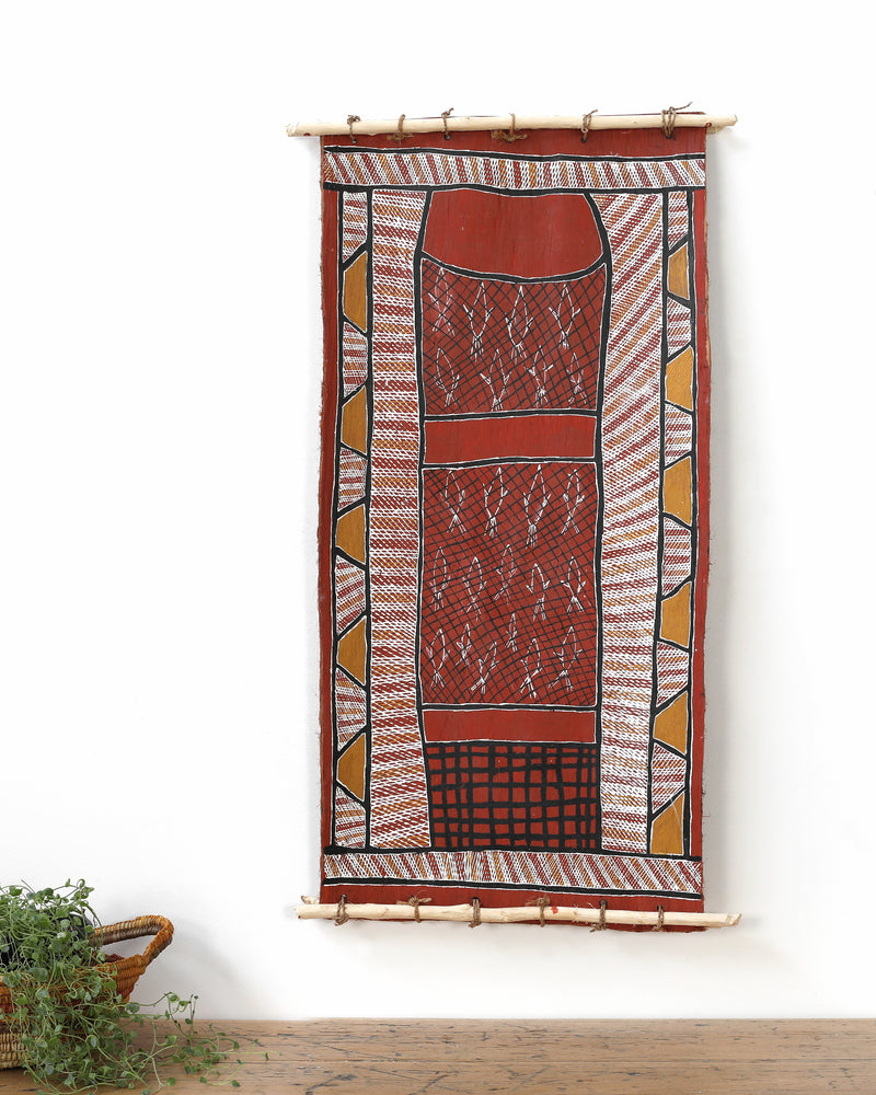 Aboriginal Artwork by Sandra Richards, Kunkale Wobe (Fishtrap Fence), 90x43cm Bark