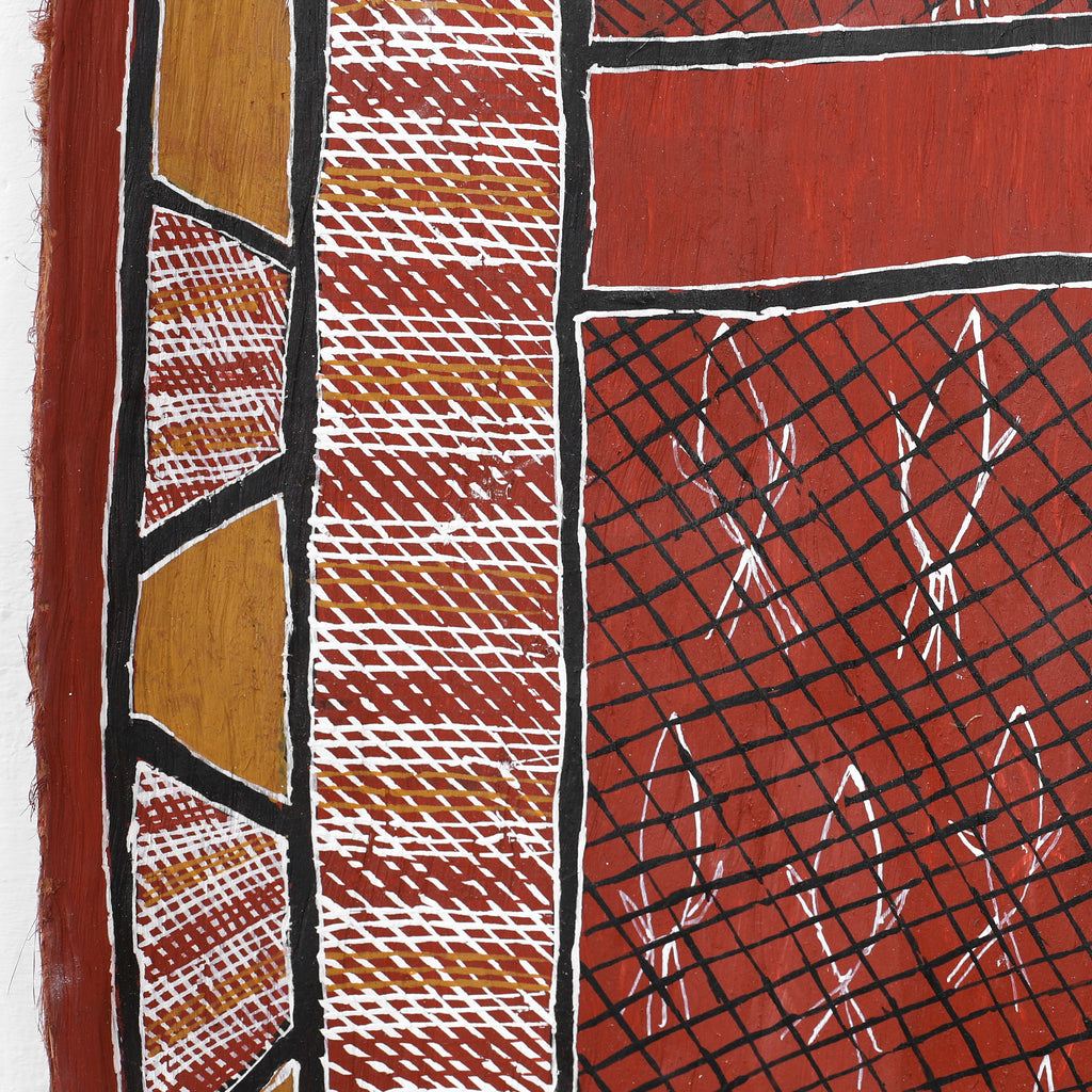 Aboriginal Artwork by Sandra Richards, Kunkale Wobe (Fishtrap Fence), 90x43cm Bark