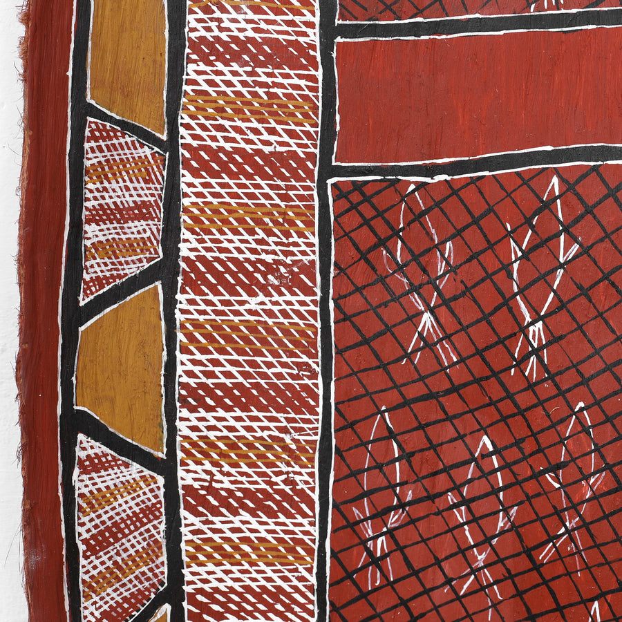 Aboriginal Artwork by Sandra Richards, Kunkale Wobe (Fishtrap Fence), 90x43cm Bark