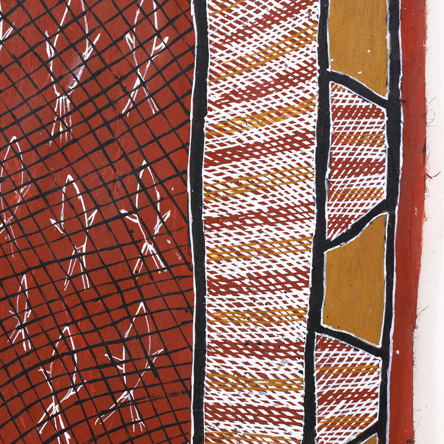 Aboriginal Artwork by Sandra Richards, Kunkale Wobe (Fishtrap Fence), 90x43cm Bark