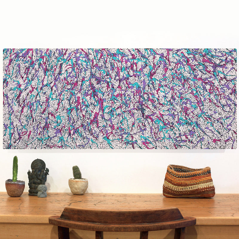 Aboriginal Artwork by Sarah-Jane Nampijinpa Singleton, Yankirri Jukurrpa (Emu Dreaming) - Ngarlikirlangu, 107x46cm