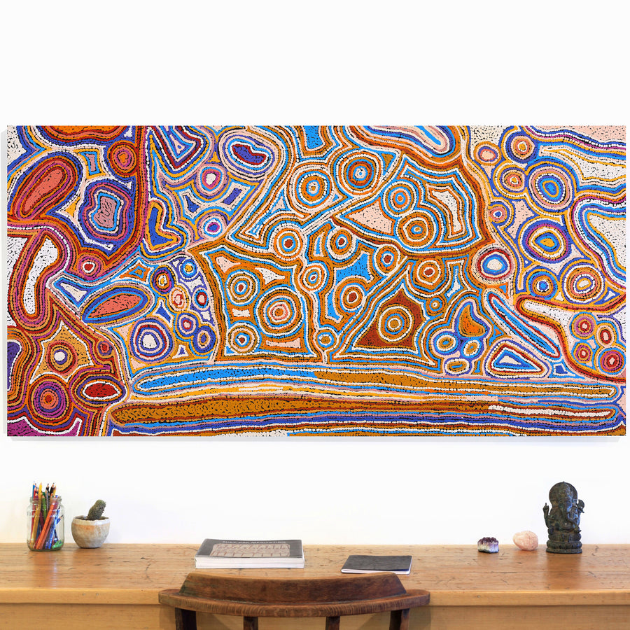 Aboriginal Artwork by Sarah Napaljarri Sims, Mina Mina Jukurrpa (Mina Mina Dreaming), 152x76cm