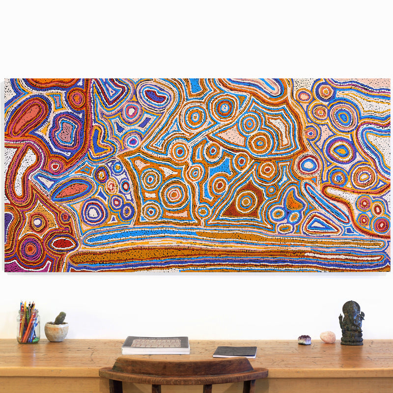 Aboriginal Artwork by Sarah Napaljarri Sims, Mina Mina Jukurrpa (Mina Mina Dreaming), 152x76cm