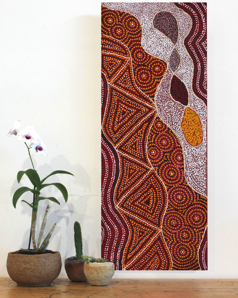 Aboriginal Artwork by Selma Napanangka Tasman, Wanakiji Jukurrpa (Bush Tomato Dreaming), 76x30cm