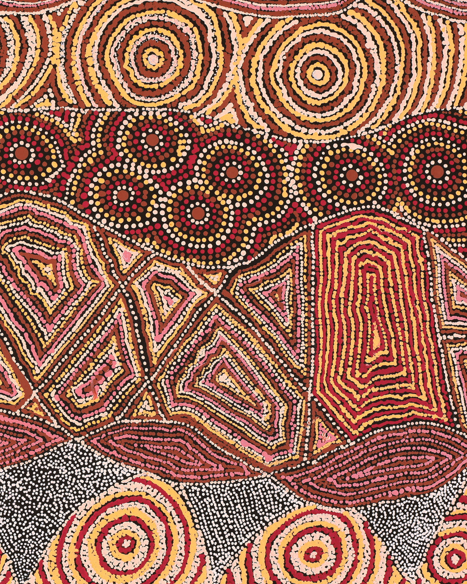 Aboriginal Artwork by Selma Napanangka Tasman, Wanakiji Jukurrpa (Bush Tomato Dreaming), 76x46cm