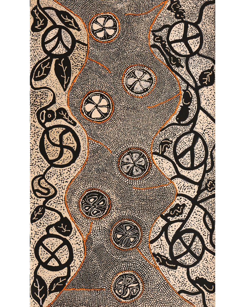 Aboriginal Artwork by Selma Napanangka Tasman, Wanakiji Jukurrpa (Bush Tomato Dreaming), 76x46cm
