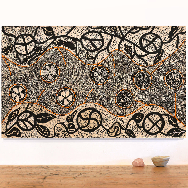 Aboriginal Artwork by Selma Napanangka Tasman, Wanakiji Jukurrpa (Bush Tomato Dreaming), 76x46cm