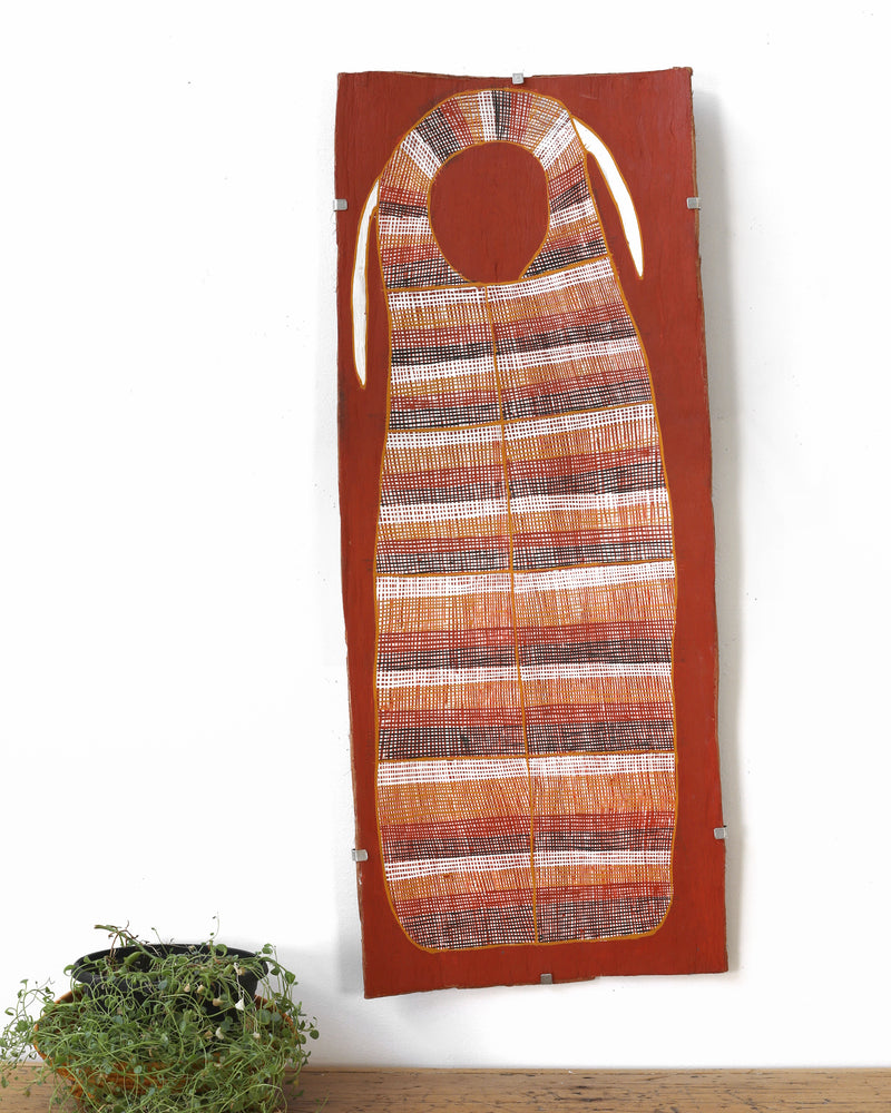 Aboriginal Artwork by Seymour Wulida, Kun-madj - Large Dillybag Vine, 100x41cm Bark Painting