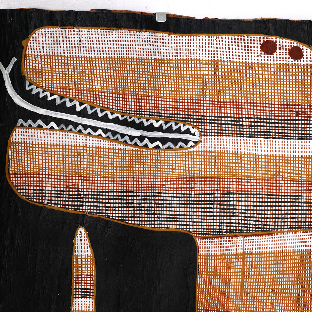 Aboriginal Artwork by Seymour Wulida, Ngalyod (Rainbow Serpent), 120x41cm Bark Painting