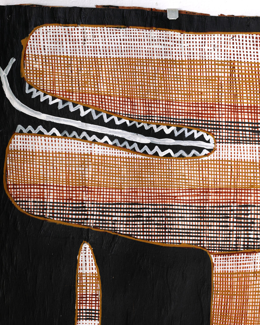 Aboriginal Artwork by Seymour Wulida, Ngalyod (Rainbow Serpent), 120x41cm Bark Painting