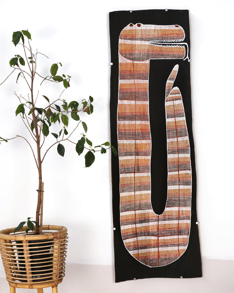 Aboriginal Artwork by Seymour Wulida, Ngalyod (Rainbow Serpent), 150x45cm Bark Painting