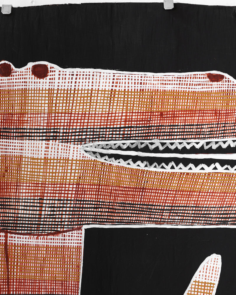 Aboriginal Artwork by Seymour Wulida, Ngalyod (Rainbow Serpent), 150x45cm Bark Painting