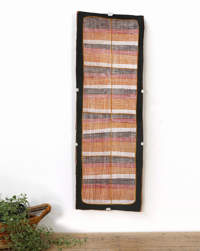 Aboriginal Artwork by Seymour Wulida, Wak Wak, 77x27cm Bark Painting