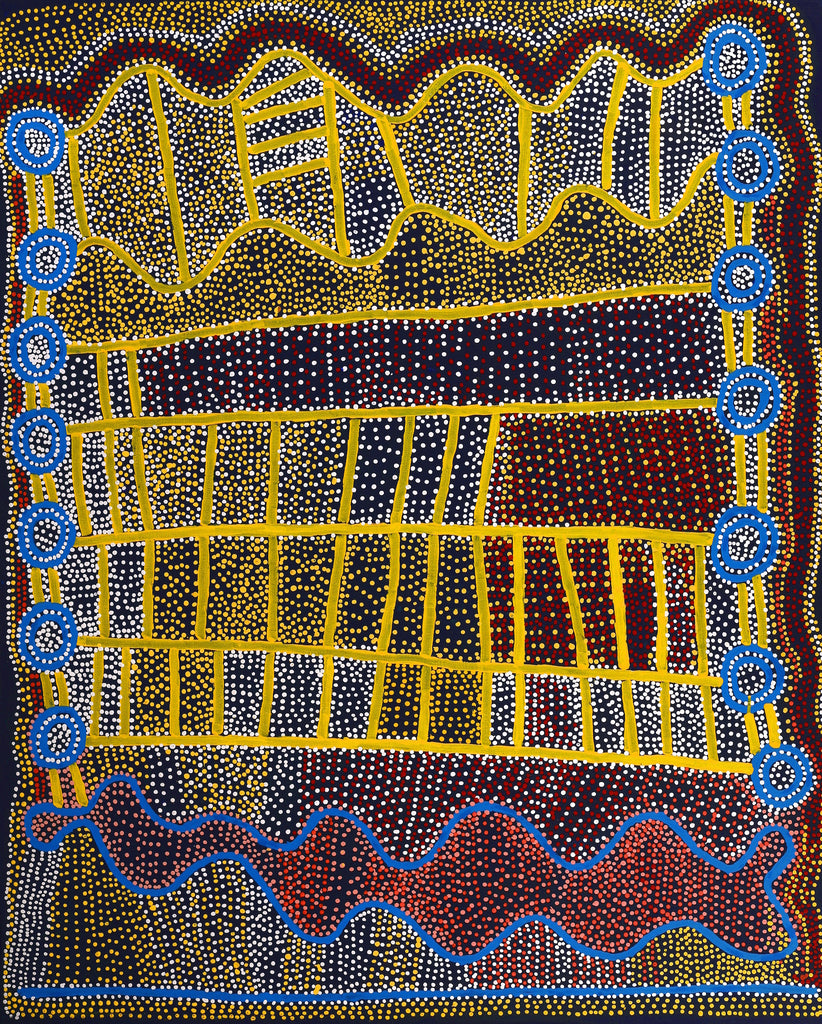 Aboriginal Artwork by Shorty Jangala Robertson, Ngapa Jukurrpa (Water Dreaming) - Puyurru, 152x122cm - ART ARK®