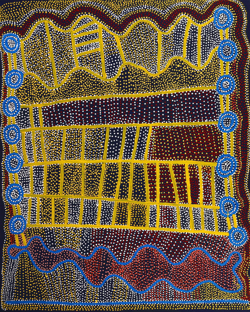 Aboriginal Artwork by Shorty Jangala Robertson, Ngapa Jukurrpa (Water Dreaming) - Puyurru, 152x122cm