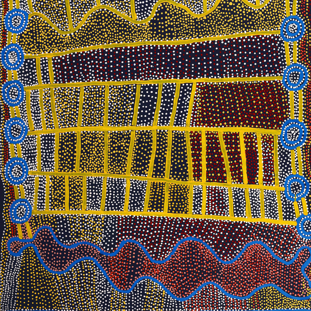 Aboriginal Artwork by Shorty Jangala Robertson, Ngapa Jukurrpa (Water Dreaming) - Puyurru, 152x122cm