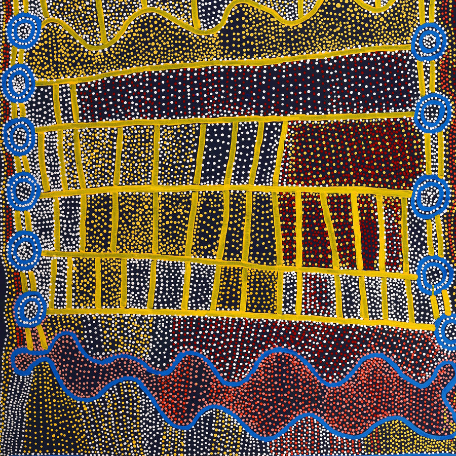 Aboriginal Artwork by Shorty Jangala Robertson, Ngapa Jukurrpa (Water Dreaming) - Puyurru, 152x122cm