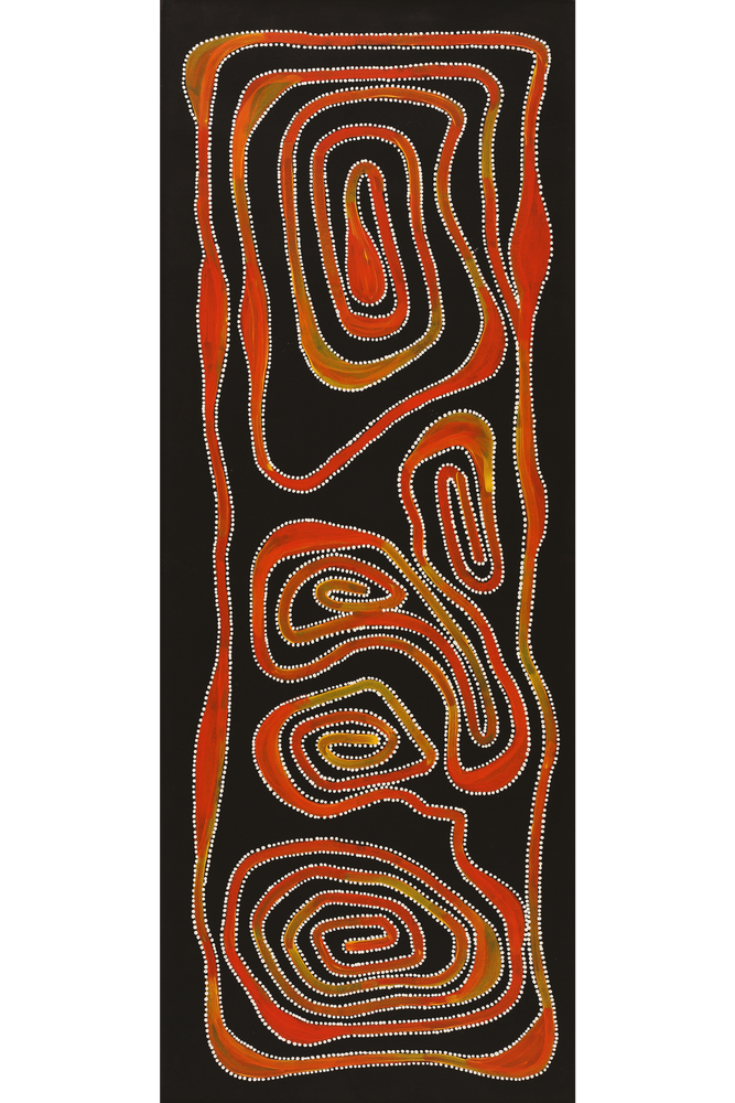 Aboriginal Artwork by Stephanie Napurrurla Nelson, Yarla Jukurrpa (Bush Potato Dreaming) - Yumurrpa, 122x46cm