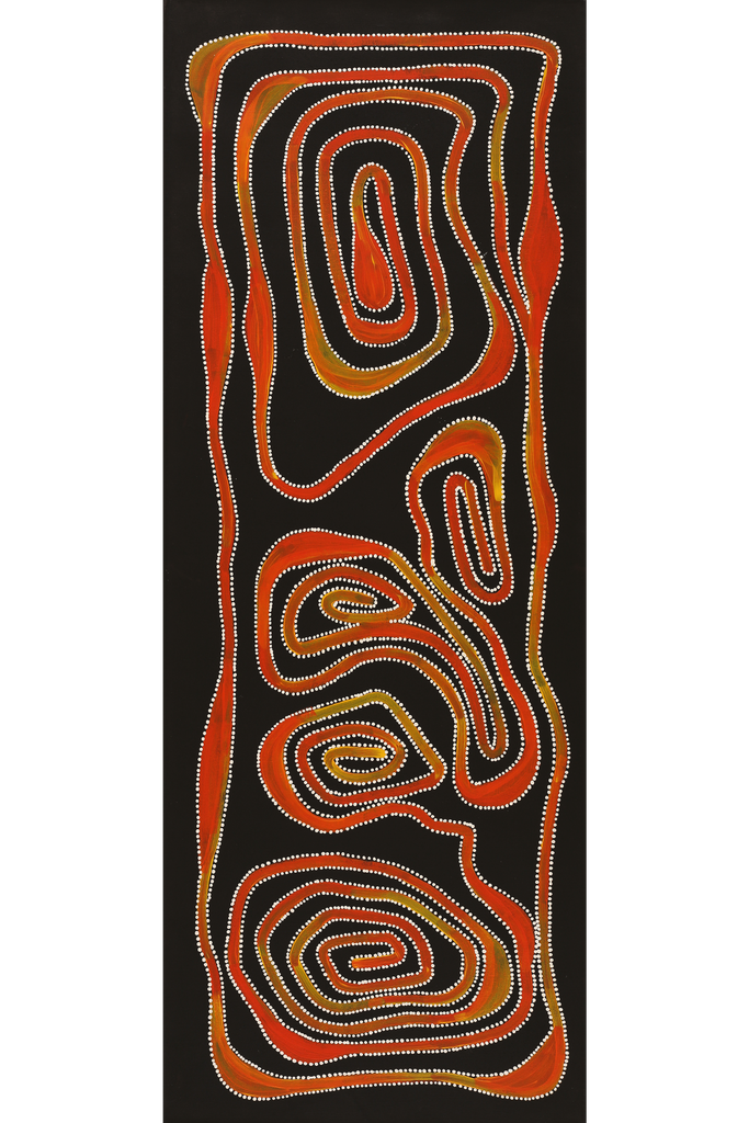 Aboriginal Art by Stephanie Napurrurla Nelson, Yarla Jukurrpa (Bush Potato Dreaming) - Yumurrpa, 122x46cm - ART ARK®