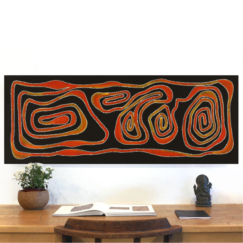 Aboriginal Art by Stephanie Napurrurla Nelson, Yarla Jukurrpa (Bush Potato Dreaming) - Yumurrpa, 122x46cm - ART ARK®