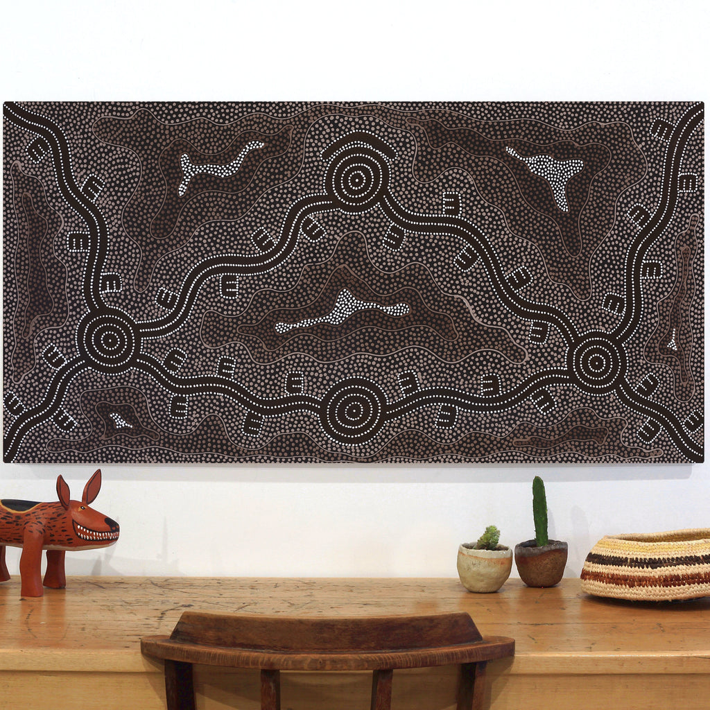Aboriginal Art by Stephanie Napurrurla Nelson, Janganpa Jukurrpa (Brush-tail Possum Dreaming) - Mawurrji, 122x61cm - ART ARK®