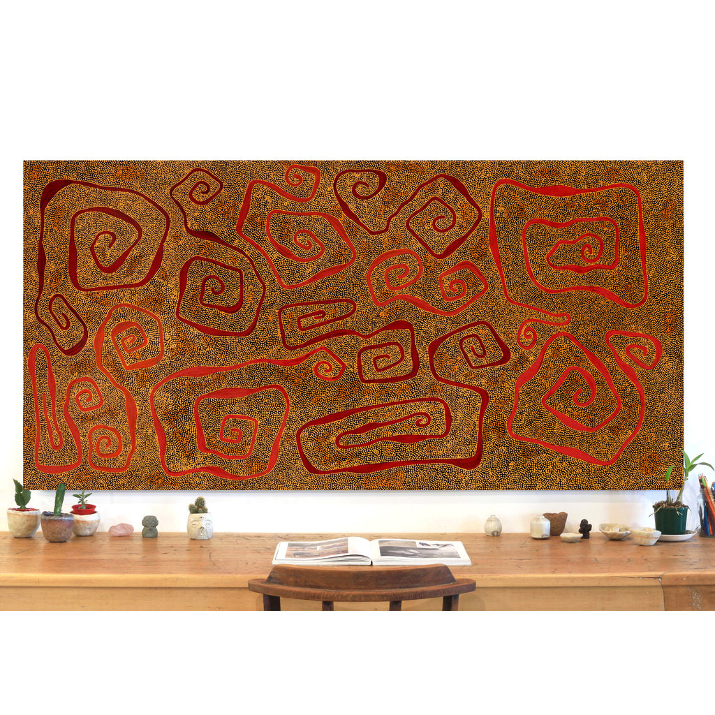 Aboriginal Artwork by Stephanie Napurrurla Nelson, Yarla Jukurrpa (Bush Potato Dreaming) - Yumurrpa, 183x91cm