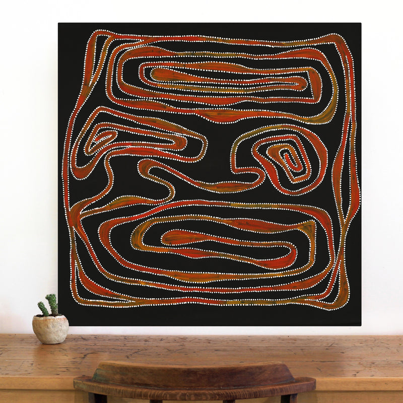 Aboriginal Art by Stephanie Napurrurla Nelson, Yarla Jukurrpa (Bush Potato Dreaming) - Yumurrpa, 76x76cm - ART ARK®