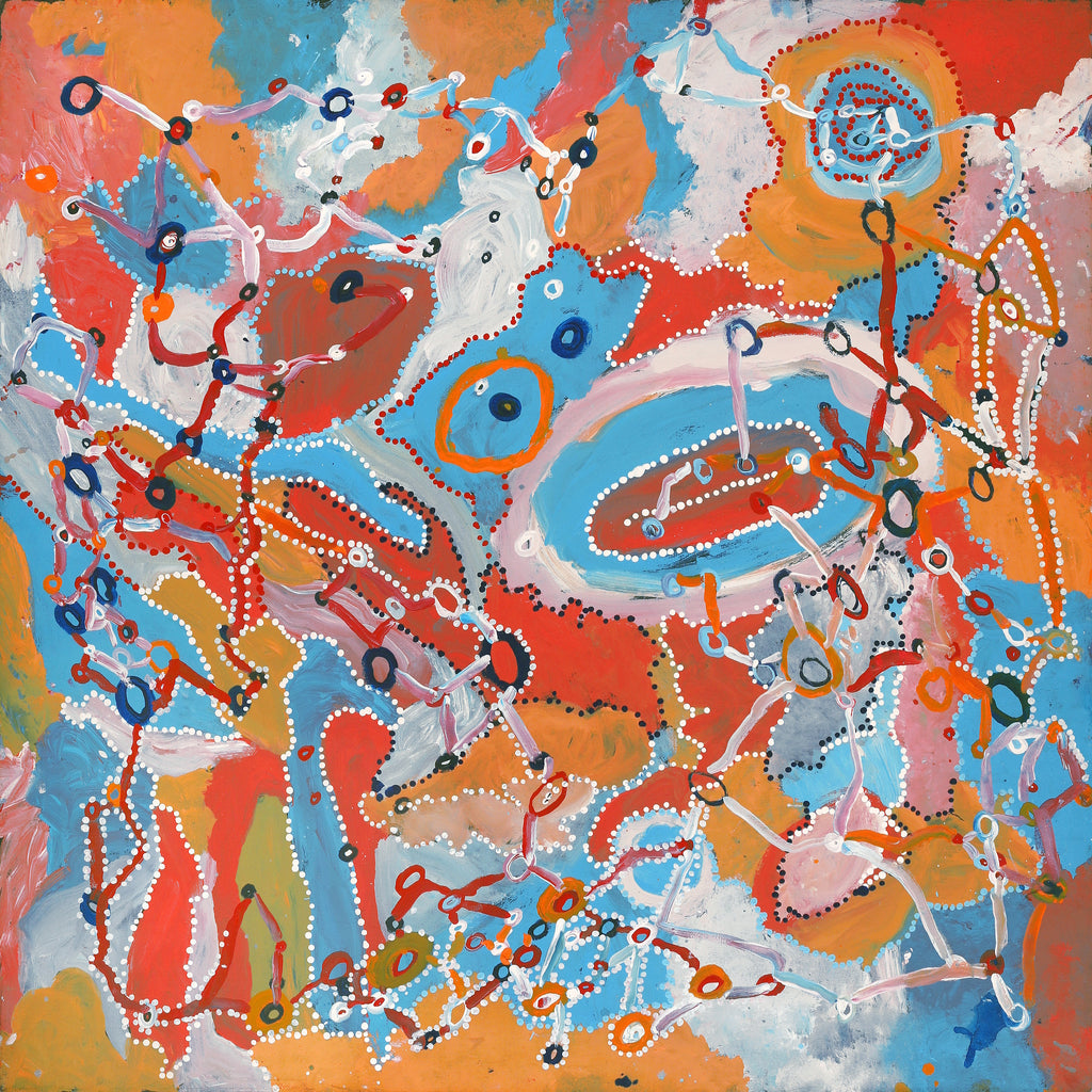 Aboriginal Artwork by Steven Jupurrurla Nelson, Janganpa Jukurrpa (Brush-tail Possum Dreaming) - Mawurrji, 107x107cm