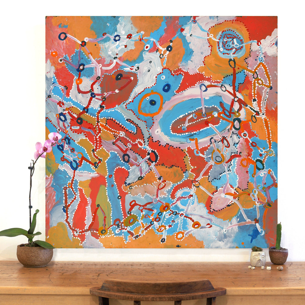 Aboriginal Artwork by Steven Jupurrurla Nelson, Janganpa Jukurrpa (Brush-tail Possum Dreaming) - Mawurrji, 107x107cm