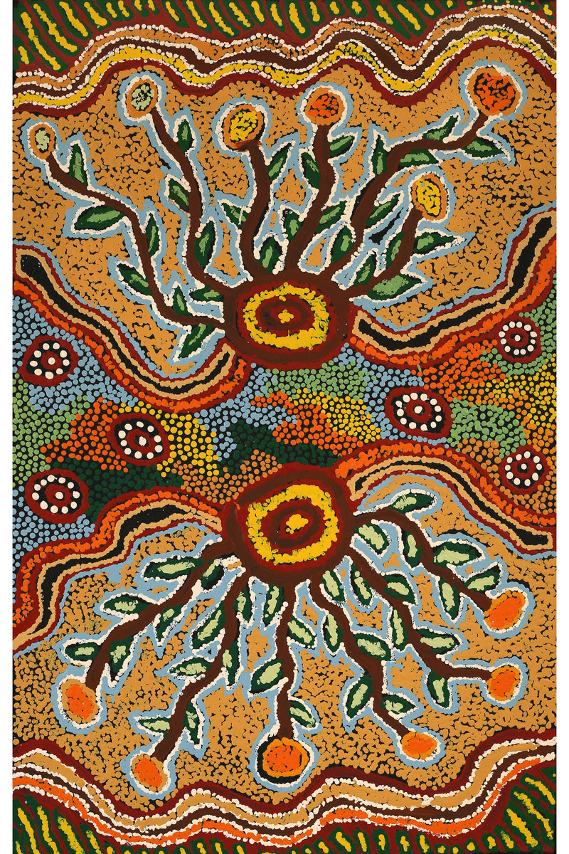 Aboriginal Art by Tjinkuma Wells, Bush Food and Medicine, 80x51cm - ART ARK®