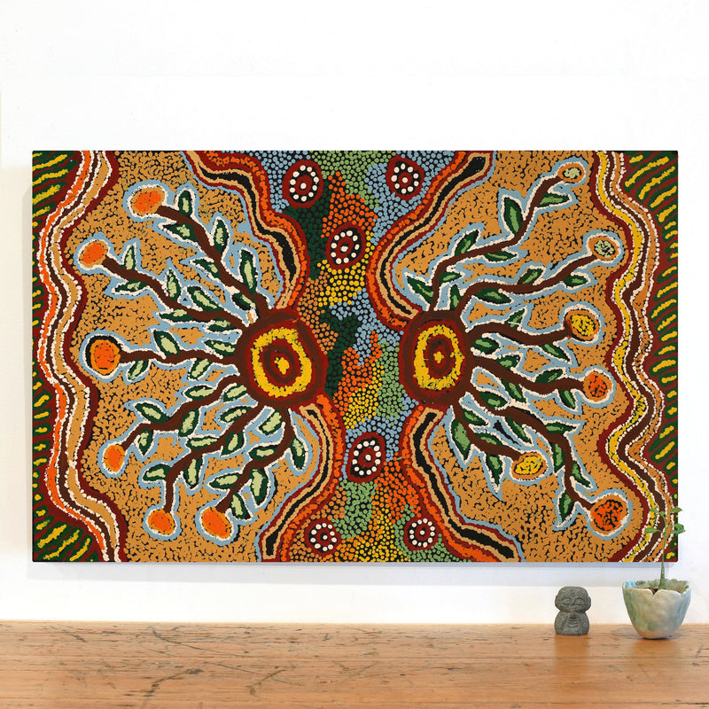 Aboriginal Artwork by Tjinkuma Wells, Bush Food and Medicine, 80x51cm