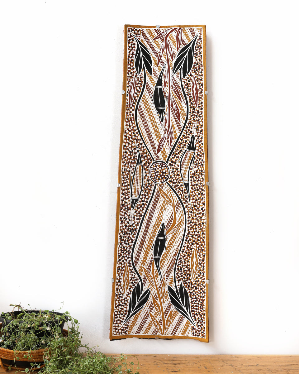 Aboriginal Art by Thomas Baru, Warrawarra Clan, 97x30cm Bark - ART ARK®