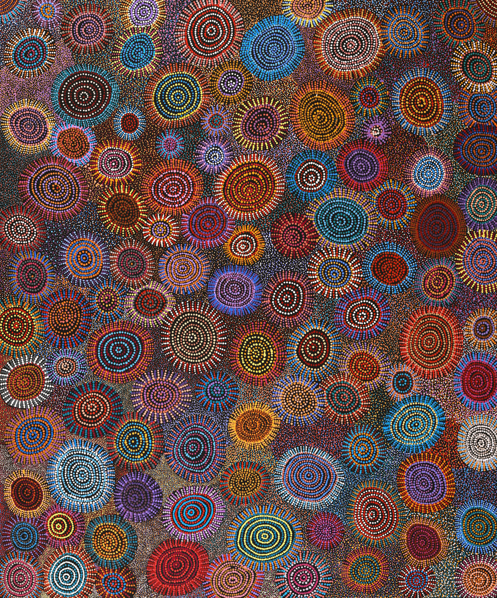 Aboriginal Art by Tina Napangardi Martin, Jintiparnta Jukurrpa (Desert Truffle Dreaming) - Mina Mina, 183x152cm - ART ARK®