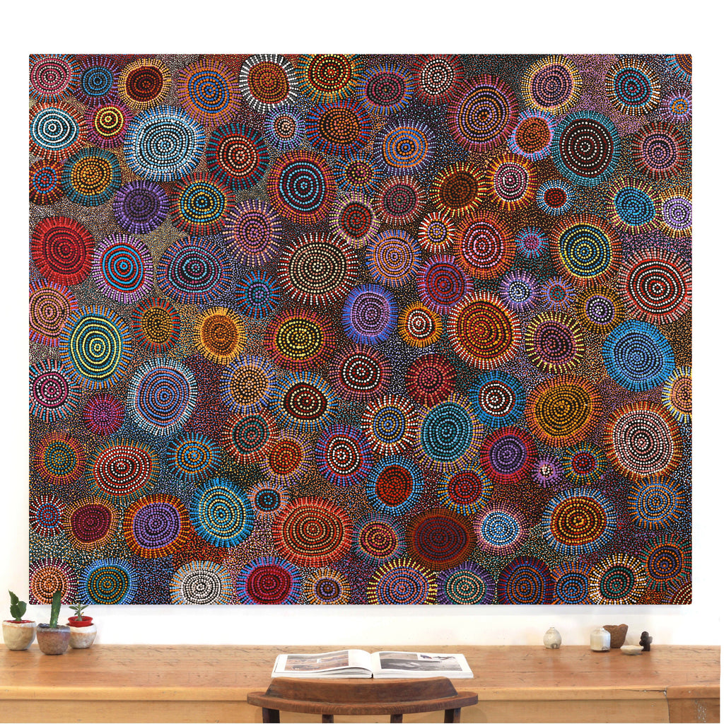Aboriginal Artwork by Tina Napangardi Martin, Jintiparnta Jukurrpa (Desert Truffle Dreaming) - Mina Mina, 183x152cm