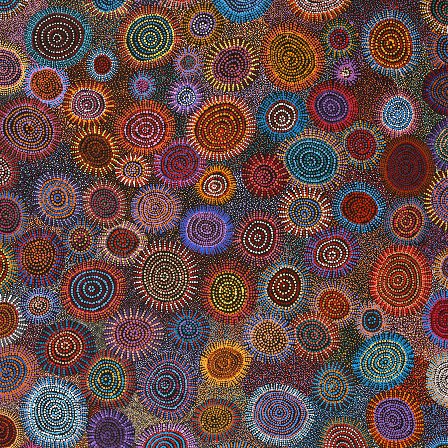 Aboriginal Artwork by Tina Napangardi Martin, Jintiparnta Jukurrpa (Desert Truffle Dreaming) - Mina Mina, 183x152cm