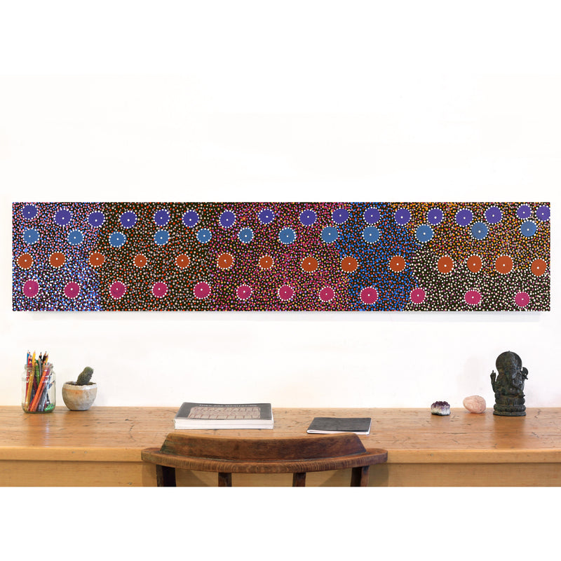 Aboriginal Artwork by Tina Napangardi Martin, Jintiparnta Jukurrpa (Desert Truffle Dreaming) - Mina Mina, 152x30cm