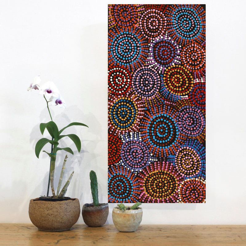 Aboriginal Art by Tina Napangardi Martin, Jintiparnta Jukurrpa (Desert Truffle Dreaming) - Mina Mina, 61x30cm - ART ARK®