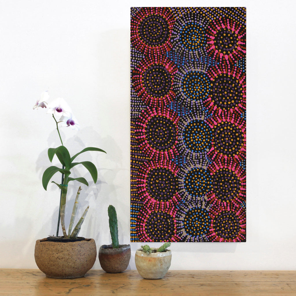 Aboriginal Art by Tina Napangardi Martin, Jintiparnta Jukurrpa (Desert Truffle Dreaming) - Mina Mina, 61x30cm - ART ARK®